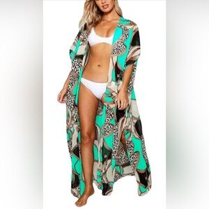 Boho Chain Print Kimono Women Open Front Swimsuit Bikini Beach Cover Up